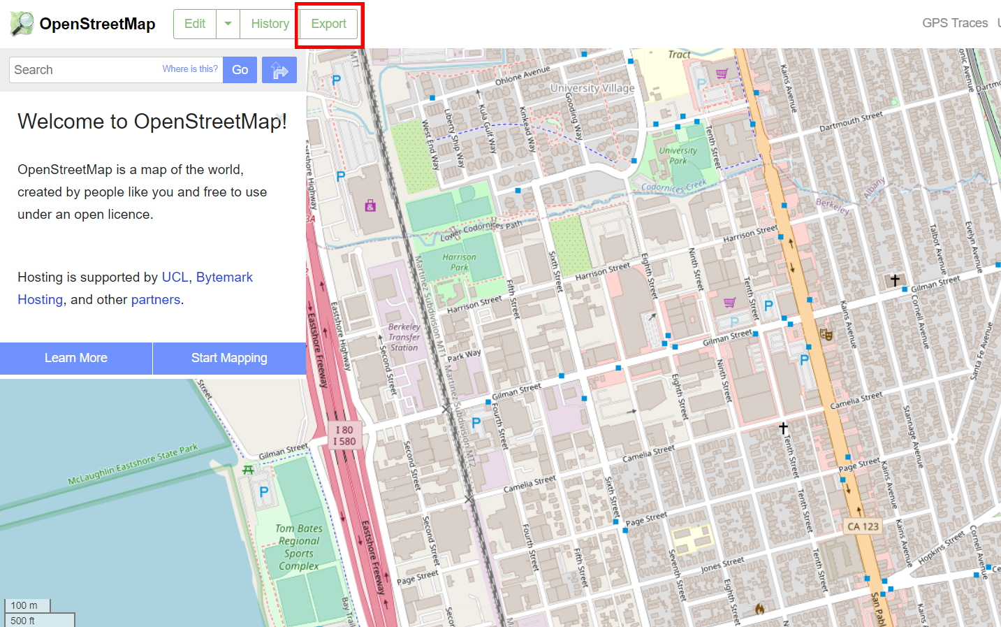 OpenStreetMap Upper Export Button